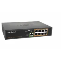 The BV TECH POE-SW801 is a desktop PoE switch with 8 IP camera inputs and a 1 Megabit uplink. It accepts 100/240V AC input and delivers 48/56V DC output to power and connect IP cameras over Ethernet cables. The metal housing is finished in gray and includes a power cord. Suitable for video surveillance installations where a compact desktop switch is required