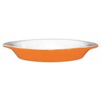 Vitrified stoneware dish with 8 oz capacity, oven safe for baking and broiling. Measures 8 1/2 in long, 4 1/8 in wide, 1 1/4 in deep. Suitable for preparing and serving Welsh rarebit, au gratin dishes, and individual casseroles in commercial food service settings