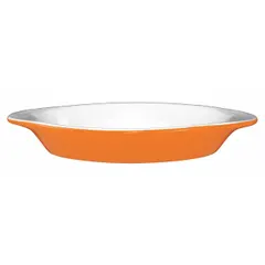 Vitrified stoneware dish with 8 oz capacity, oven safe for baking and broiling. Measures 8 1/2 in long, 4 1/8 in wide, 1 1/4 in deep. Suitable for preparing and serving Welsh rarebit, au gratin dishes, and individual casseroles in commercial food service settings.