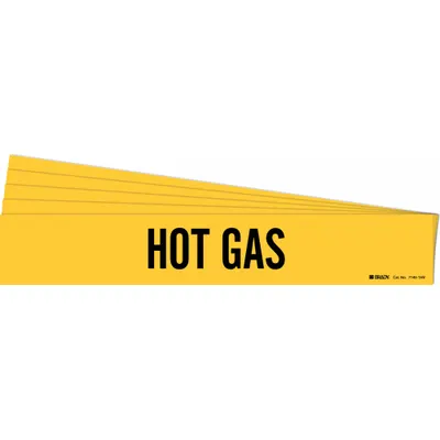 BRADY Pipe Marker: Hot Gas, Yellow, Black, Fits 8 in and Larger Pipe O.D., 1 Pipe Markers - Hot Gas Adhesive Pipe Markers