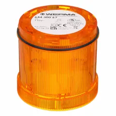Steady light module from the KombiSIGN 71 series with a yellow lens. Operates at 115V AC. Overall diameter 70 mm, overall height 66 mm. Used in industrial signaling towers for visual status indication in machinery, production lines, or process control systems.