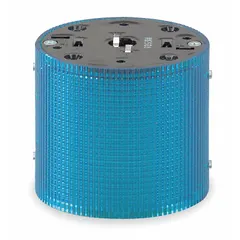 Multimode light module for visual indication in industrial environments. Provides flashing or steady blue light at 120V AC. Overall diameter 3 15/16 inches. Compatible with LSLD series. Commonly used on machinery, assembly lines, and control panels to signal status or alarms.