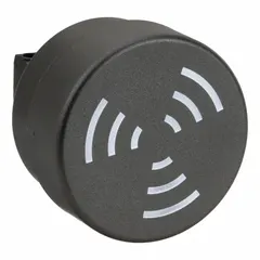 Audible alarm for industrial signaling in indoor and outdoor environments. Operates at 115V AC/DC with 0.73 W power consumption. Black housing, 52 mm diameter. Suitable for machine status alerts, process warnings, or safety notifications.