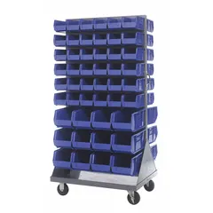Vertical mobile louvered rack with 96 blue bins. Each bin measures 5-1/2 in wide, 10-7/8 in deep, and 5 in high. The rack is gray with blue bins and features (2) swivel casters with hard rubber tread. Suitable for organizing small parts in workshops and warehouses.