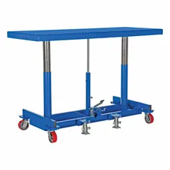 Manual hydraulic post-lift table with a 60 in L x 20 1/4 in W steel platform. Supports 4,000 lb load capacity. Used for lifting and positioning heavy loads in industrial material handling tasks.