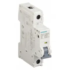 This 5 A, 1-pole D-Curve miniature circuit breaker is UL489 listed for DIN rail mounting. Rated 240V AC (14kA AIR) and 60V DC, it uses a screw clamp terminal connection. Suitable for overcurrent protection in industrial control panels, HVAC equipment, and branch circuits with high inrush currents.