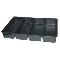 This divider organizes a 4-inch drawer into four compartments for storing tools or small parts. It is designed to fit Kennedy brand roller cabinets, helping maintain tidy and efficient workshop drawers
