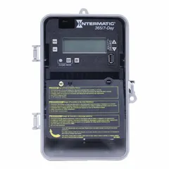 This 7-day digital timer switch from INTERMATIC features SPST switching and operates on 120-277V AC. Its plastic body and surface mounting design are suited for outdoor use, providing basic time-based control for lighting, HVAC, and other equipment.