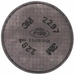 Magenta-colored air-purifying respirator filter with NIOSH P100 rating for particulate protection and nuisance organic vapor relief. Bayonet connection compatible with 3M FF-400 Series reusable respirators. Suitable for industrial environments with particles and low-level vapors.