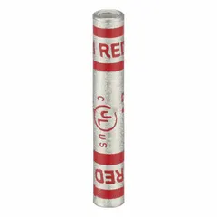 This crimped butt splice compression connector is designed for splicing 8 AWG wire. It features a copper barrel, red color code, and die code 21. The overall length is 1.77 inches. Typical applications include power distribution, control panels, and machinery wiring.