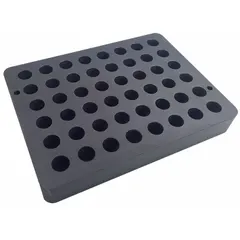Dry evaporator and concentrator block with 48 positions for 15 x 45 mm vials. Overall dimensions: 1 in height, 7 1/8 in length, 5 3/8 in width. Designed for use with compatible evaporators in sample concentration applications.