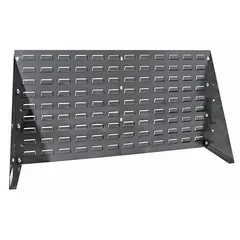 This benchtop louvered rack features a single louvered side that accepts standard hooks and bins (sold separately). The gray powder-coated finish provides a durable surface for organizing tools and small parts in workshops, maintenance areas, and assembly stations. Dimensions: 36 in wide, 20 in deep, 8 in high.