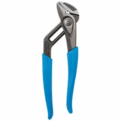 Flat-jaw tongue and groove pliers with push-button adjustment for quick one-handed jaw resizing. Overall length 9-1/2 in, maximum jaw opening 2 in. Suitable for gripping, turning, and clamping flat or irregular surfaces in plumbing, electrical, and mechanical tasks.