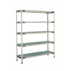 This stationary shelving unit from METRO features a 304 stainless steel frame and shelving material with antimicrobial resistance. It includes 5 shelves and has an overall height of 74 inches. Suitable for harsh environments requiring antimicrobial properties, such as healthcare, food processing, and cleanrooms.