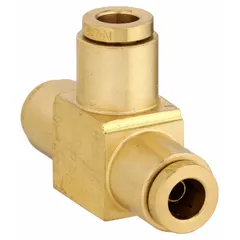 Brass adapter push-fit tee fitting with three 1/4 in OD ports. Used in air brake and pneumatic systems to split or combine tubing lines, providing a leak-resistant connection without special tools.