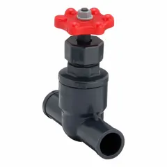 This ASAHI globe valve features a PVC straight-body with Z-body design and rising stem. It has 3/4 in socket x socket female connections and FKM seals. Suitable for regulating or stopping flow in fluid and gas media systems, commonly used in corrosive environments such as chemical processing, water treatment, and industrial piping.