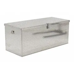 This chest-style jobsite box offers 20 cubic feet of storage capacity for tools and equipment. Measuring 61 1/4 inches wide by 25 7/8 inches deep by 25 1/16 inches high, it features a silver finish and a padlock hasp (lock not included). Suitable for securing items on construction sites, in warehouses, or industrial facilities.