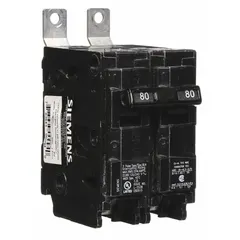 Two-pole miniature circuit breaker rated 80 A at 120/240V AC single-phase, with a maximum interrupting rating of 22kA. Part of the BL Series, it is designed for bolt-on installation in Siemens P1 panelboards to provide overcurrent protection for branch circuits in electrical distribution systems.