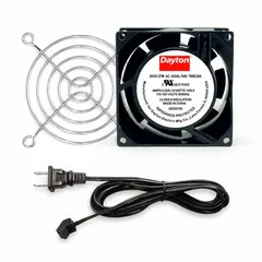 Standard square axial fan kit with polycarbonate blade, delivering 16 to 20 cfm airflow at 0.000 in static pressure. Measures 3 1/8 in height by 1 1/2 in depth. Includes cord set with NEMA 1-15 plug. Features terminals and IP20 rating. Suitable for cooling and ventilation in electronic enclosures, control panels, and small equipment.
