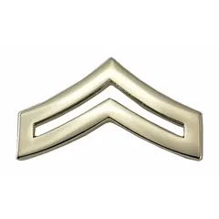 Metallic rank insignia featuring a CPL chevron design. Constructed of metal with a silver finish. Measures 1 inch and attaches via a clutch pin. Used to denote rank on military, law enforcement, or uniformed service dress.