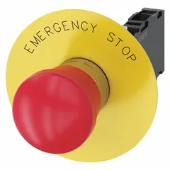 Mushroom-head push button with maintained action, 22 mm mounting hole, non-metallic construction. Part of the Siemens 3SU series. Used as an emergency stop or control switch in industrial automation and machinery applications where a latching function is required.