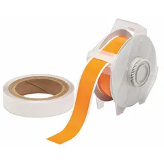 Floor marking tape made of orange gloss polyester with rubber adhesive. Measures 1 1/8 in x 100 ft. Compatible with GlobalMark printer series; requires recommended ribbon 76739. Used for aisle marking, hazard delineation, and pipe labeling in industrial facilities.