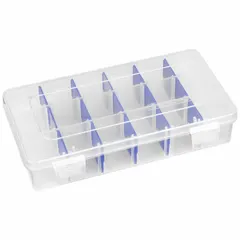 This clear plastic compartmented box features adjustable dividers for customizing storage of small parts such as screws, nuts, and electronic components. Overall dimensions are 4-1/8 x 7 x 1-1/2 inches, with compartments measuring 6-11/16 x 1-5/16 inches. Not electrostatic discharge conductive. Suitable for workshops, assembly lines, and maintenance tasks requiring visible organization.