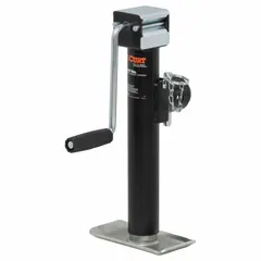 This sidewind weld-on trailer jack features a foot plate base and a static load capacity of 5,000 lb, with a maximum lift height of 20-1/4 in. Designed for pipe-mount swivel applications, it is used to support and level trailers during loading, unloading, or storage.
