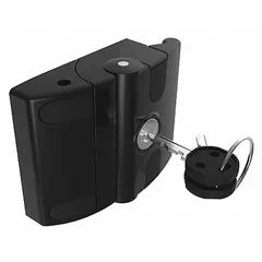Locking slam latch for sliding doors on T-slot framed enclosures and machine guards. Made of powder-coated aluminum in black finish. Designed for Triple extrusion profiles in 15, 40, and 45 Series. Keyed alike; fasteners not included.