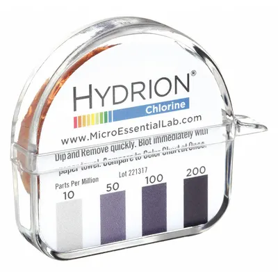 HYDRION Test Paper: Free Chlorine, 10 to 200 ppm Chlorine, Strip, 2,000 Tests - Single-Parameter Test Strips