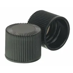 Black phenolic screw cap with rubber liner, featuring an 18-415 mm screw closure size. Autoclavable for repeated sterilization. Suitable for sealing laboratory bottles and industrial containers requiring a secure, reusable closure.