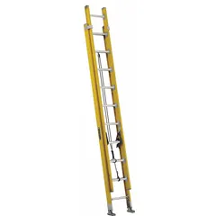 This 20 ft fiberglass extension ladder is non-conductive for use near electrical hazards. It has a 375 lb load capacity, fixed fly, and mar-resistant end caps. The ladder weighs 50 lb and is yellow. Suitable for industrial and commercial tasks such as electrical work, construction, and maintenance.