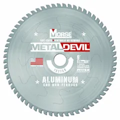 Carbide-tipped circular saw blade for cutting aluminum and soft metals. Features 64 teeth, 0.08-inch cut width, and 1-inch arbor. Suitable for fabrication, construction, and metalworking tasks requiring clean, burr-free cuts.