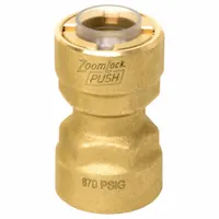 This removable brass push-to-connect coupling from PARKER's ZoomLock series joins two 1/4 in OD tubes without tools. It is used in pneumatic or fluid systems for quick, leak-free connections in instrumentation, controls, and general fluid handling