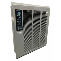 This large programmable recessed electric wall heater operates on 277V AC single-phase with a 4000 W output. It features a gray grille and 5-2 programming capability. Rough-in dimensions are 18-1/4 in x 14-3/8 in x 3-1/2 in. Suitable for permanent heating in commercial or industrial spaces such as workshops, warehouses, or offices.