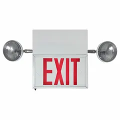 Steel exit sign with two faces, white housing, red LED text, and universal field selectable chevrons. Includes round side-mount light heads for emergency egress lighting. Operates on 120/277V AC, 5.1 W lamp wattage, and is remote capable. Suitable for commercial and industrial facilities requiring code-compliant emergency lighting.