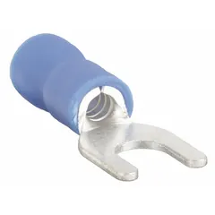 Blue vinyl insulated fork terminal with funnel-entry barrel. Fits #8 stud size, accepts 16 AWG to 14 AWG wire, rated for 600 V. Standard fork configuration for secure connections in power distribution and signal circuits.