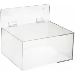 Clear acrylic hinged-top dispenser for bulk hairnets, measuring 11 1/2 in x 11 1/2 in x 9 1/2 in. Features a single-compartment tray layout and mounts on a wall with a freestanding base. Suitable for dispensing protective headwear in facilities requiring organized bulk storage.