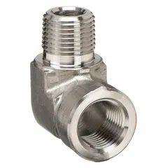 This 90° metal pipe elbow is designed for extreme pressure instrumentation systems. Made from 316 stainless steel, it connects two 1/2 in pipes in confined spaces, with a maximum operating pressure of 4,500 psi and an overall length of 2 45/64 in. Suitable for hydraulic, pneumatic, and process control applications.