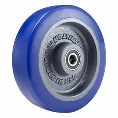 This wheel features a polyurethane tread on a cast iron core, with a 2-inch width and 1,650 lb load rating. The Ergo-Glide tread shape and blue color are designed for smooth rolling and floor protection. Suitable for industrial carts, dollies, and heavy equipment in material handling applications.
