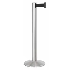 This retractable belt post barrier features a silver aluminum post and a steel base. The 15 ft by 2 in black belt has no legend or pattern, providing a clean, unmarked visual barrier. Used for managing pedestrian traffic, queue control, and cordoning off areas in industrial and public settings.