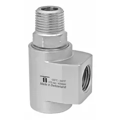This rotating joint transfers fluid or gas from a stationary supply line into rotating machinery. It features a nickel-plated C38500 brass body with a single passage and a 1/2 in threaded rotating shaft, rated for a maximum speed of 200 RPM. Typical applications include packaging, printing, and material handling equipment.