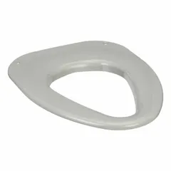 Standard institutional toilet seat in gray with overall width 14 3/4 inches and overall height 1 1/2 inches. Suitable for commercial and public restroom applications in high-traffic facilities.