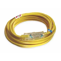 This outdoor extension cord features a 50 ft length with 10/3 SJTOW construction and a NEMA 5-20P plug. Rated for 125V AC, it operates in temperatures from -58° to 194°F. The yellow jacket provides visibility, and the single outlet is suitable for powering tools, equipment, or lighting in outdoor environments.