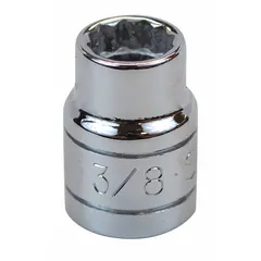 This 3/8" drive hand socket features a 3/8" SAE hex size with a 12-point configuration for improved grip on worn fasteners. The chrome finish resists corrosion. Commonly used in automotive repair, industrial maintenance, and assembly tasks requiring manual torque application with ratchets or extensions.