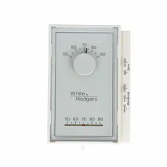Manual changeover thermostat for heat and cool applications. Operates on 20 to 30V AC with slide switch control, system settings Cool-Heat-Off, and fan Auto-On. Temperature control range 50° to 90°F with 1°F heating and 1.5°F cooling differential. Vibration resistant. Terminal designations: Y.