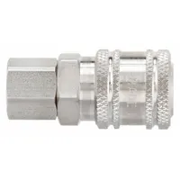 This stainless steel quick-connect coupling body is designed for industrial interchange air systems. It features a 1/4"-18 female thread and a sleeve locking mechanism for secure connections. Suitable for pneumatic applications requiring frequent coupling and uncoupling