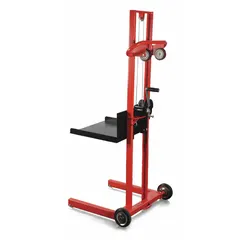 This portable platform lift truck from Dayton has a 500 lb capacity and a steel platform measuring 20 in L x 20 in W. It features a hand winch for operation and a lift range from 1/4 in to 55 in. The unit is equipped with four axle-mounted wheels for mobility, suitable for lifting and positioning loads in maintenance, assembly, and material handling tasks.