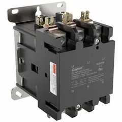 Three-pole non-reversing definite purpose contactor with 3NO main pole contact form. Rated 75 A at 208-240V AC, coil voltage 208/240V AC, maximum voltage 600V AC. Box lug terminals, through-panel mounting. Suitable for HVACR applications such as controlling compressors, fans, and pumps.