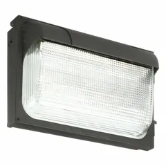 LED full-size wall pack delivering 6,850 lumens at 5000K with 100 W input and Type III distribution. Operates on 120 to 277V AC. Bronze finish, 9 in overall height. Suitable for outdoor security and area lighting such as building perimeters, parking lots, and walkways.
